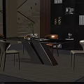 Modern Restaurant with Glass Top Dining Table Beige Orange Chairs Staircase Bookshelf Green Plant Decor
