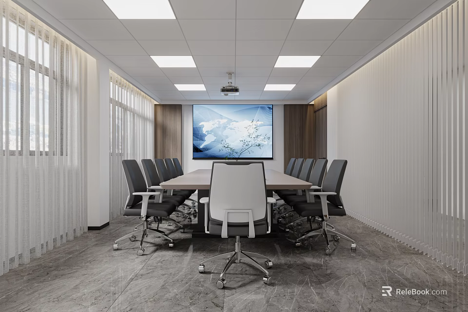 Modern Conference Room Interior With Long Table Office Chairs Large Screen And Ceiling Lights 3d model 