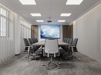 Modern Conference Room Interior With Long Table Office Chairs Large Screen And Ceiling Lights 3d model