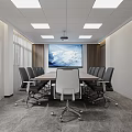 Modern Conference Room Interior With Long Table Office Chairs Large Screen And Ceiling Lights
