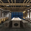 Traditional Chinese Restaurant Kitchen Interior With Dining Tables And Decorative Paintings