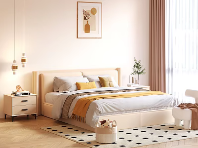Cozy Modern Bedroom Interior Design With Bed Pillows Nightstands Wall Art Pendant Lights And Rug 3d model