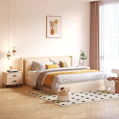Cozy Modern Bedroom Interior Design With Bed Pillows Nightstands Wall Art Pendant Lights And Rug 3d model