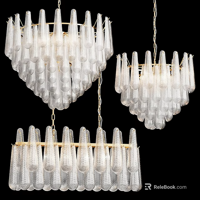 Multiple Transparent Glass Chandeliers With Golden Frames And Unique Hanging Design 3d model 