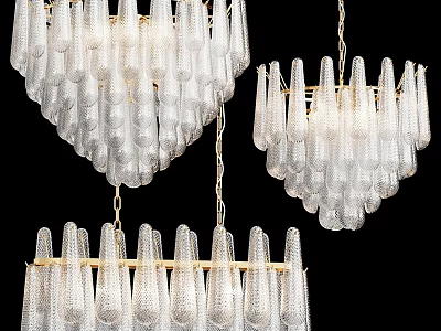 Multiple Transparent Glass Chandeliers With Golden Frames And Unique Hanging Design 3d model