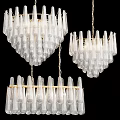 Multiple Transparent Glass Chandeliers With Golden Frames And Unique Hanging Design