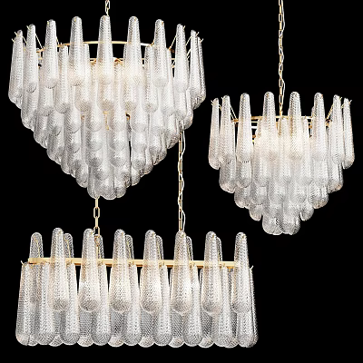 Multiple Transparent Glass Chandeliers With Golden Frames And Unique Hanging Design 3d model