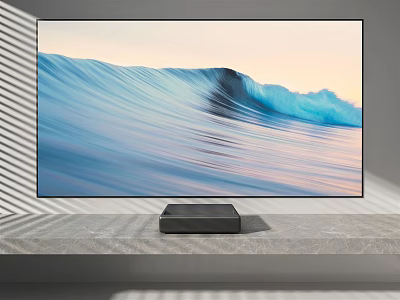 Sleek Modern Television With Blue Wave Mountain Scene On Concrete Stand 3d model