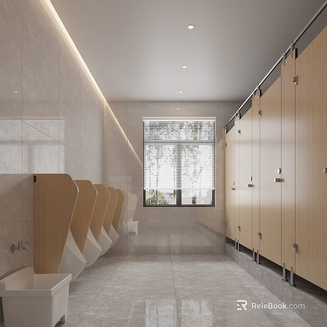 Public Toilet Interior With Wooden Stalls Urinals Tiled Walls And Window Blinds 3d model 