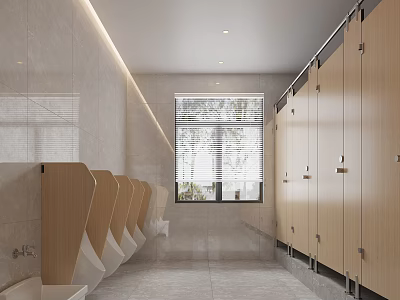 Public Toilet Interior With Wooden Stalls Urinals Tiled Walls And Window Blinds 3d model