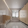 Public Toilet Interior With Wooden Stalls Urinals Tiled Walls And Window Blinds