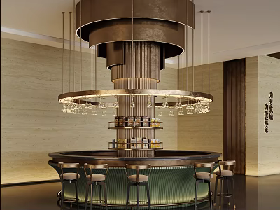 Elegant Modern Pantry Interior With Circular Bar Counter And Glass Pendant Lights 3d model