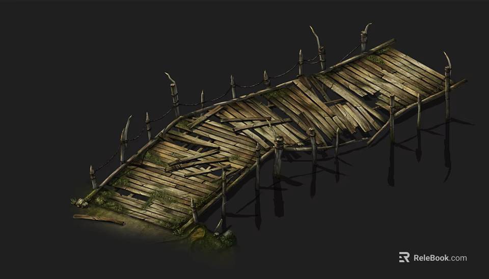 Old Wooden Bridge With Broken Planks And Weathered Railings Over Water 3d model 