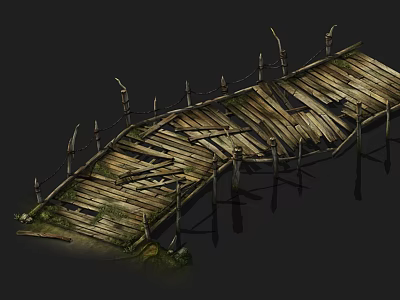 Old Wooden Bridge With Broken Planks And Weathered Railings Over Water 3d model