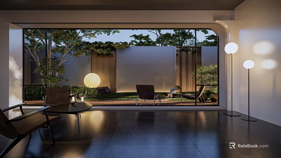 Modern Courtyard Garden Design With Outdoor Seating Green Plants And Ambient Lighting 3d model 