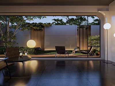 Modern Courtyard Garden Design With Outdoor Seating Green Plants And Ambient Lighting 3d model