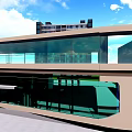 Grand Specialty Store Modern Glass Facade Building With Outdoor Tables Umbrellas And Chairs