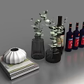 Elegant Wine Bottles and Glasses Display with Green Plants and Ceramic Vases
