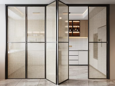 Modern Black Frame Glass Folding Doors As Interior Room Divider With Kitchen View 3d model