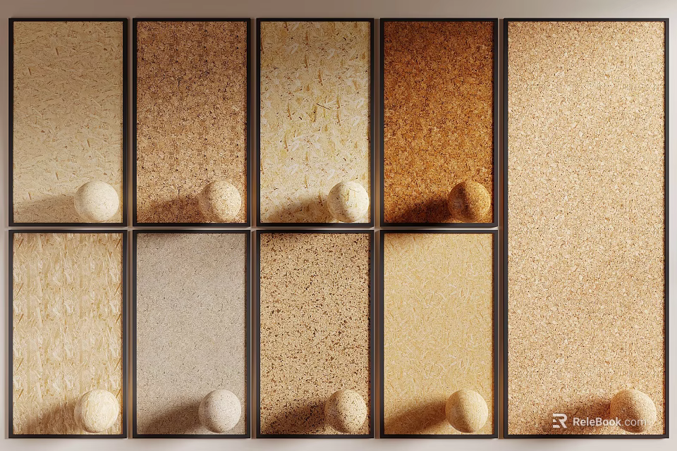 Variety Of Textured Wall Panels Display With Decor Balls 3d model 