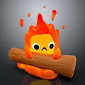 Cute Orange Flame Character Creature Holding Wooden Log With Big Round Eyes