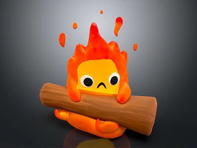 Cute Orange Flame Character Creature Holding Wooden Log With Big Round Eyes 3d model