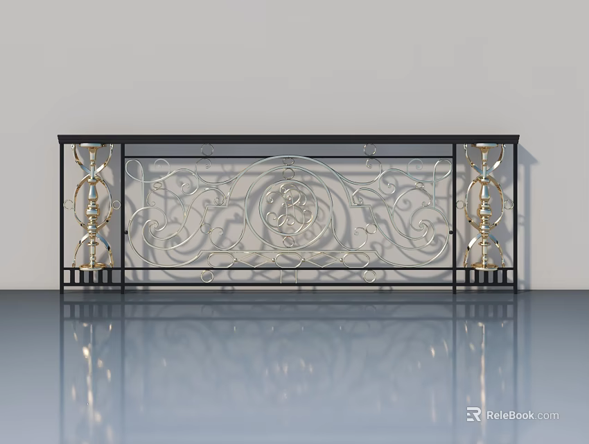 Swing Door With Intricate Carved Glass Panel And Decorative Metal Columns 3d model 