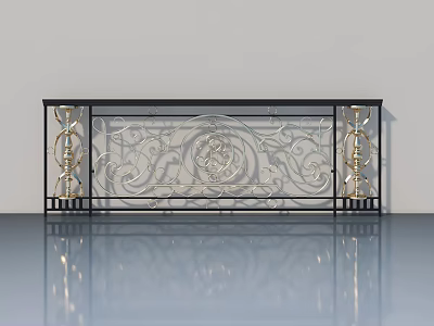 Swing Door With Intricate Carved Glass Panel And Decorative Metal Columns 3d model
