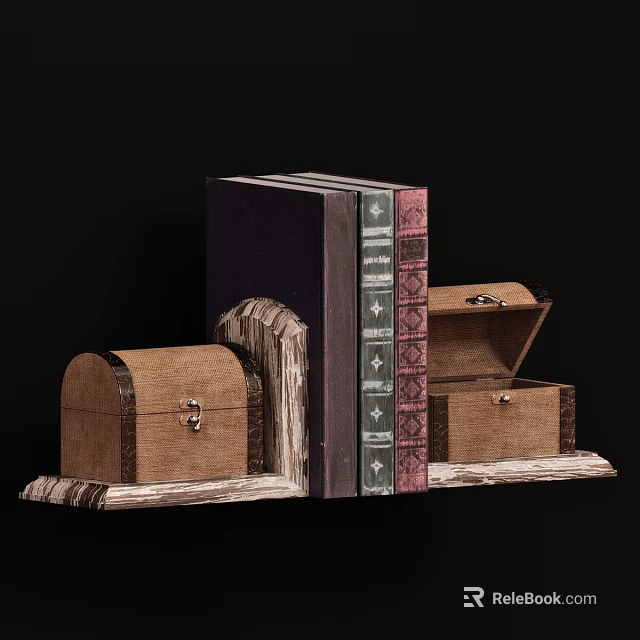 Vintage Books With Decorative Covers And Wooden Chests On Display Shelf 3d model 