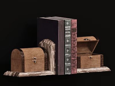 Vintage Books With Decorative Covers And Wooden Chests On Display Shelf 3d model