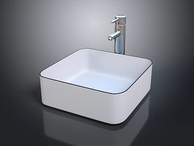 White Square Ceramic Sink With Modern Silver Faucet On Black Background 3d model