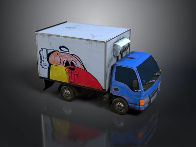 Blue Truck With White Cargo Container Featuring Colorful Cartoon Graffiti Design 3d model