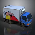 Blue Truck With White Cargo Container Featuring Colorful Cartoon Graffiti Design