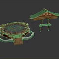 Traditional Architectural Design With Octagonal Wooden Platform And Green Roofed Pavilion