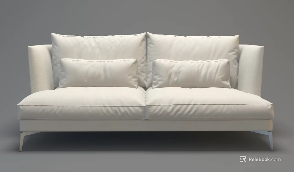 White Two Seater Sofa With Large Back Cushions And Small Accent Pillows 3d model