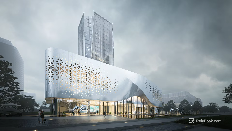 Modern Architectural Building With Perforated Curved Facade And Glass Curtain Wall 3d model 