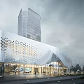 Modern Architectural Building With Perforated Curved Facade And Glass Curtain Wall