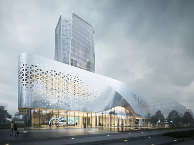 Modern Architectural Building With Perforated Curved Facade And Glass Curtain Wall 3d model