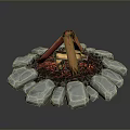 Stone Circle With Wooden Fire Pit Burning Flames And Glowing Embers