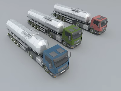 Functional Tanker Trucks in Blue Green Red with Large Storage Tanks and Wheels 3d model
