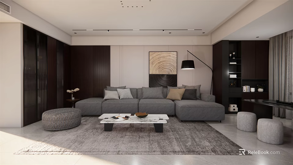 Modern Living Room Interior With Gray Sofa Pillows White Coffee Table And Abstract Painting 3d model 