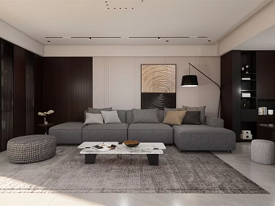 Modern Living Room Interior With Gray Sofa Pillows White Coffee Table And Abstract Painting 3d model