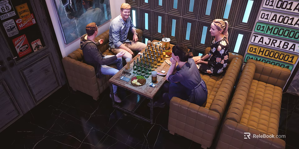 Public Chairs In Indoor Lounge Space With People Socializing Around Table And Drinks 3d model 