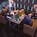 Public Chairs In Indoor Lounge Space With People Socializing Around Table And Drinks