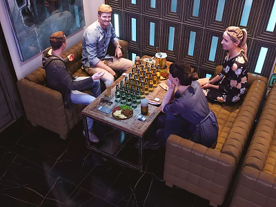 Public Chairs In Indoor Lounge Space With People Socializing Around Table And Drinks 3d model