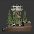Cartoon Scene of Wooden Watchtower with Green Trees and Truck on Rocky Base