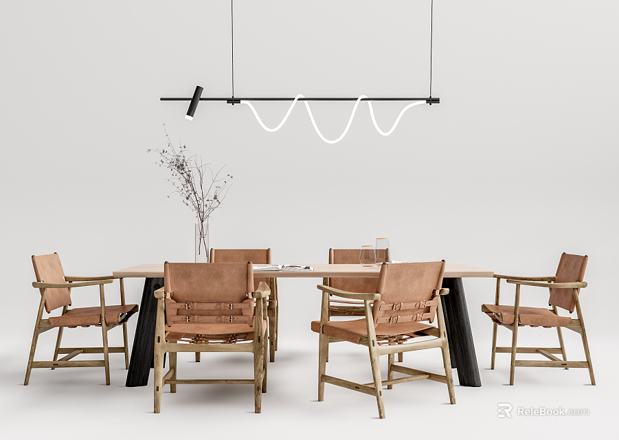Modern Dining Table Set with Leather Seats Wooden Chairs Wavy Hanging Lamp Dried Branches Vase 3d model 