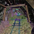 Mine Tunnel Interior With Rail Tracks Wooden Supports Rocky Ground And Dirt Floor