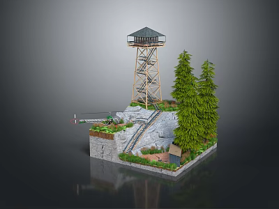 Scenic Landscape With Watchtower Tall Pine Trees Stone Steps And Lush Greenery 3d model