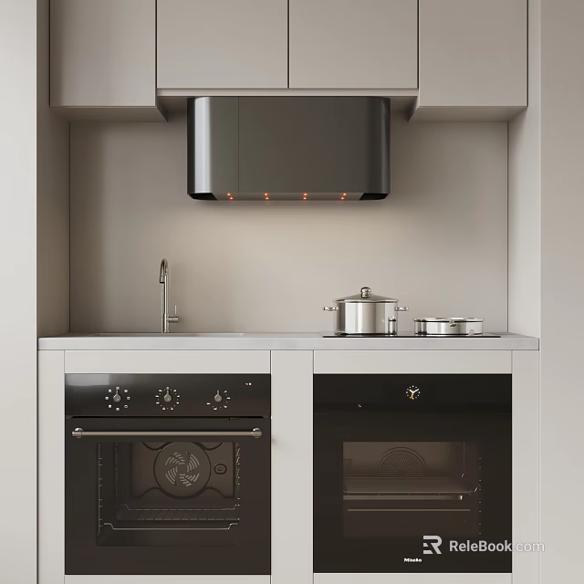 Modern Kitchen Interior With Built-in Ovens Range Hood Gray Cabinets Countertop And Pots 3d model 
